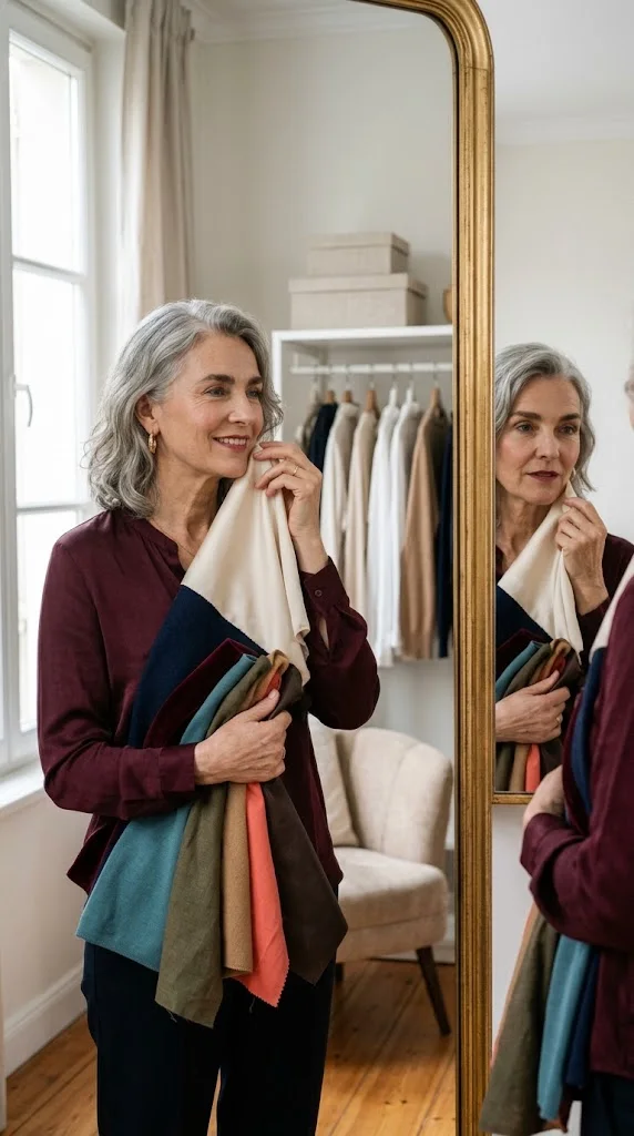 Woman over 50 testing flattering clothing colors in natural light