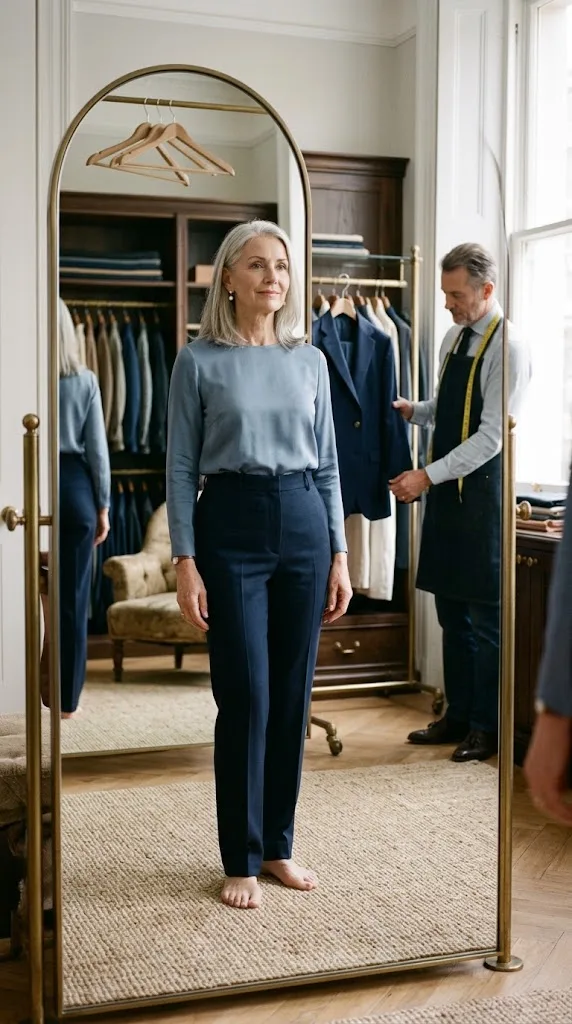Woman over 50 checking the fit of trousers and blouse