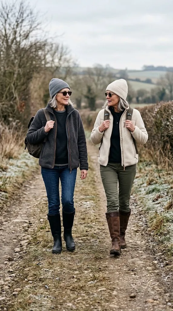 Fleece jacket and slim trail pants outfits for women over 50