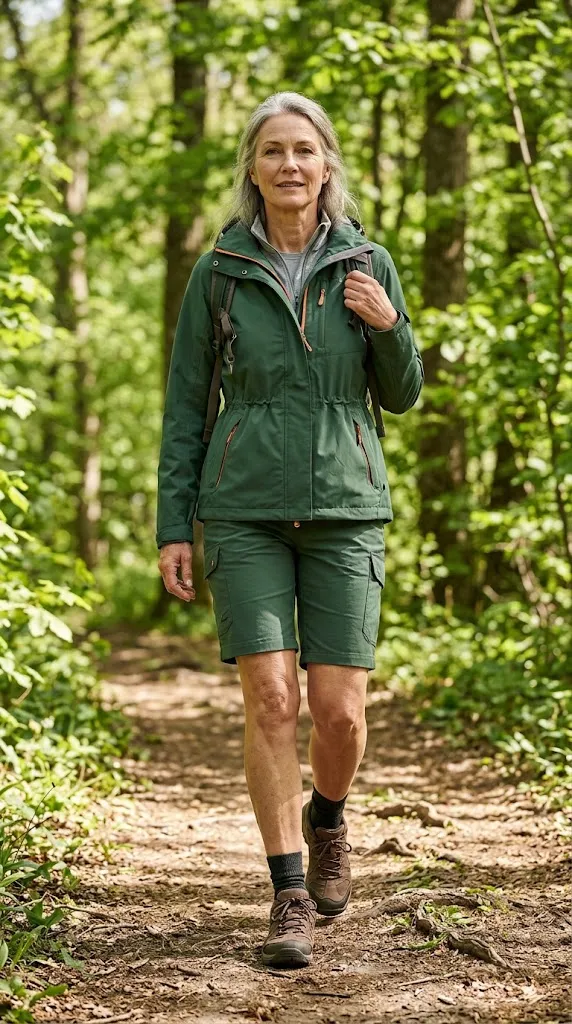 Forest green hiking jacket and shorts outfit for women over 50