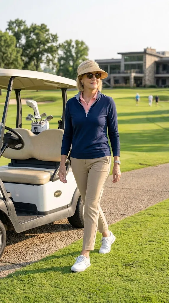 Woman over 50 wearing spikeless golf shoes and a lightweight layer