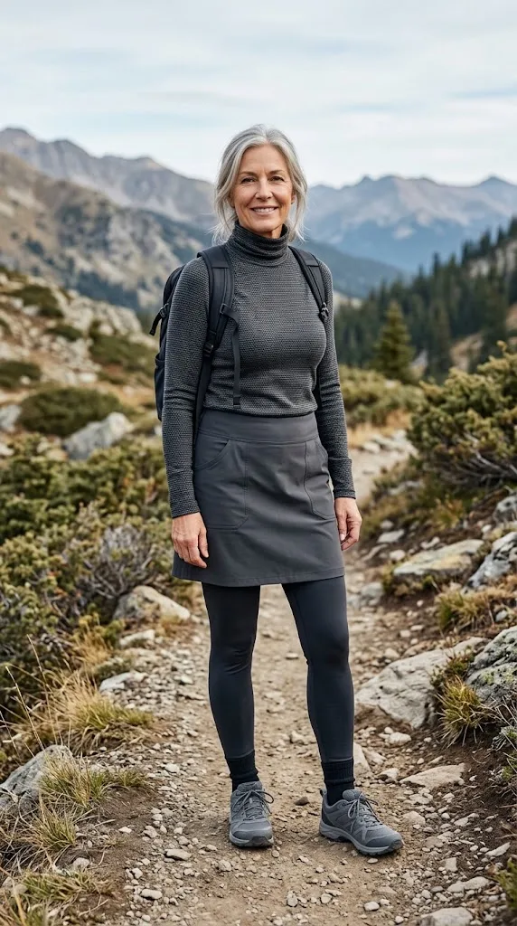 Gray hiking skort outfit with leggings for women over 50