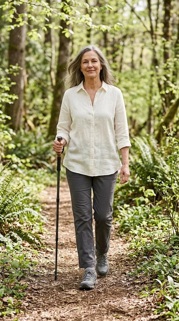 Woman over 50 wearing linen shirt and charcoal hiking pants