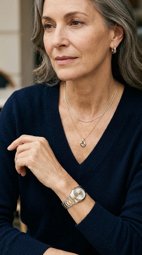 Gold and silver layered necklaces on a woman over 50