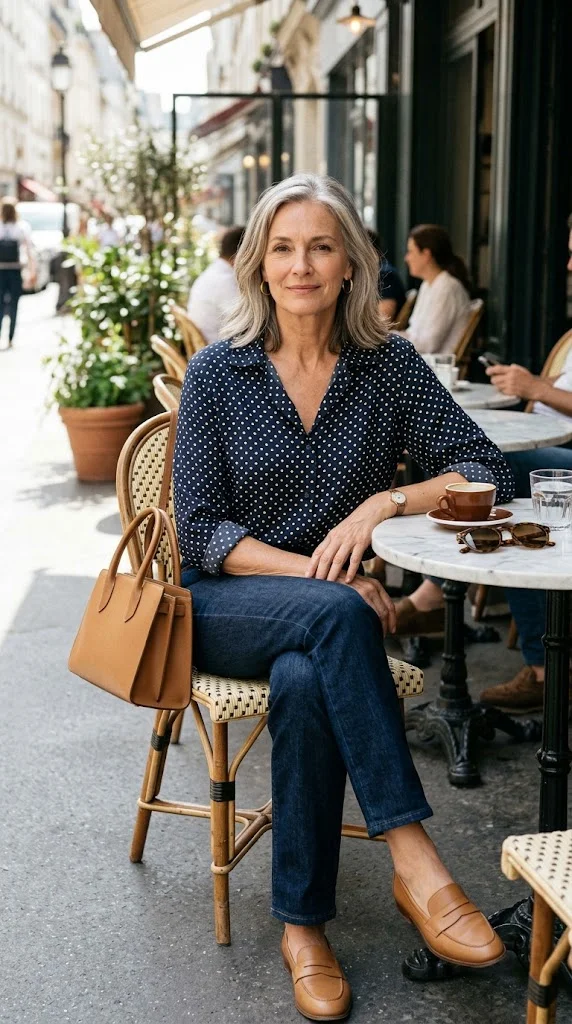 Modern polka dot blouse outfit for a woman over 50