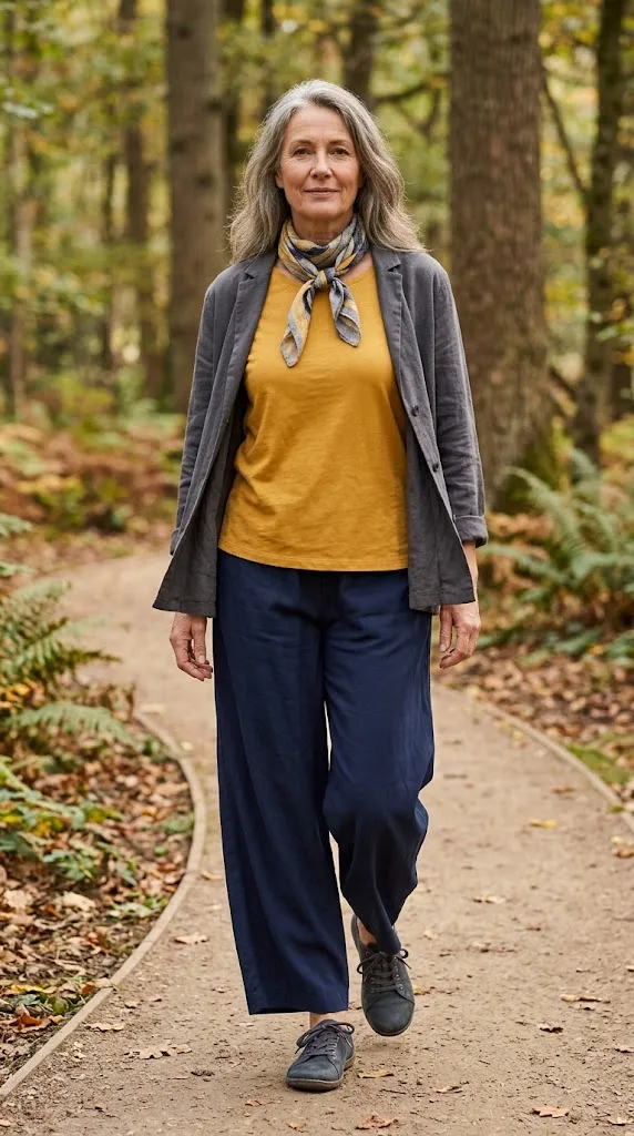 Mustard top with navy wide-leg pants hiking outfit over 50