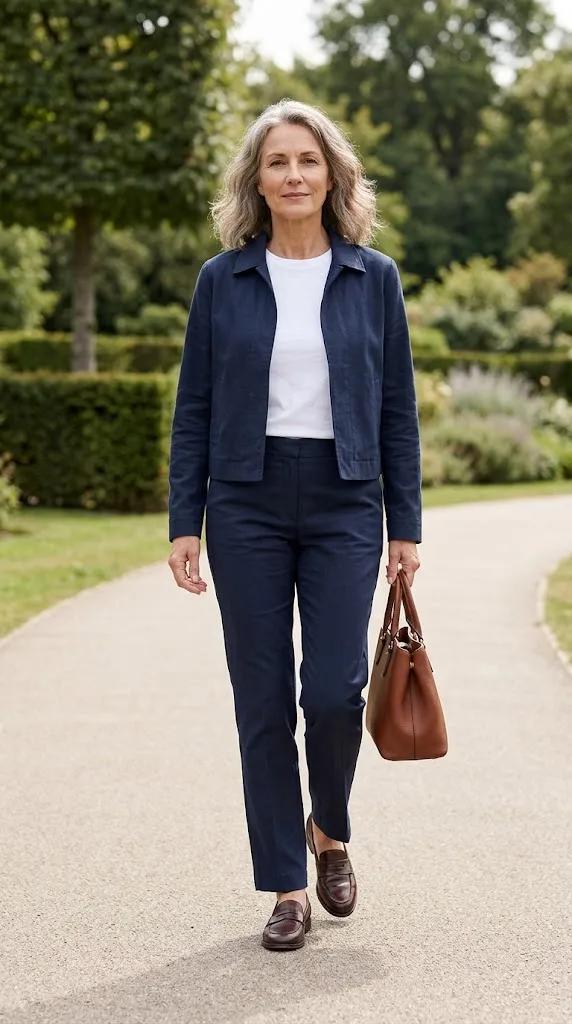Navy jacket and white T-shirt walking outfit for women over 50