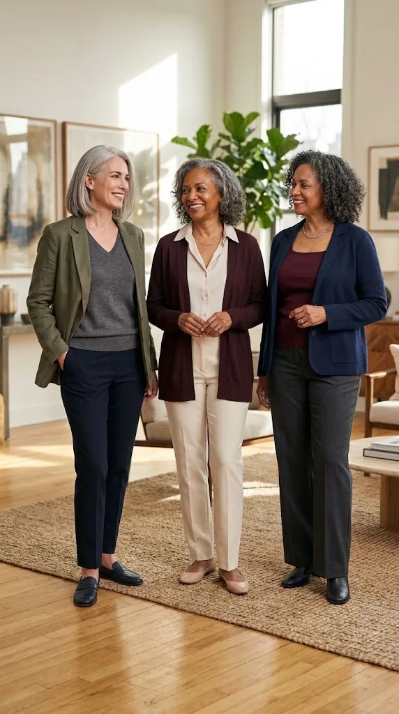 V-neck open collar and layered outfits for women over 50