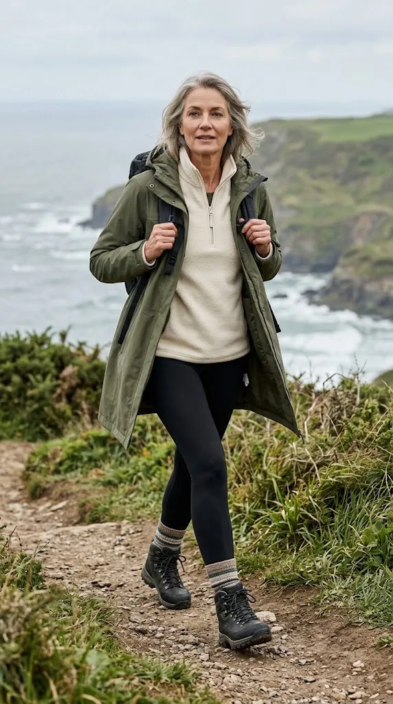 Olive raincoat with cream fleece and black hiking leggings over 50