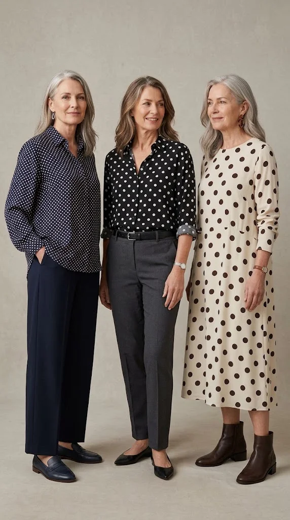 Small medium and large polka dot outfits for women over 50
