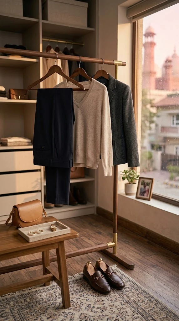 Outfit planned in advance with trousers blazer knit top and loafers