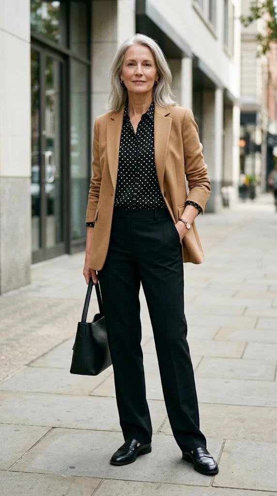 Polka dot blouse with solid blazer and trousers over 50