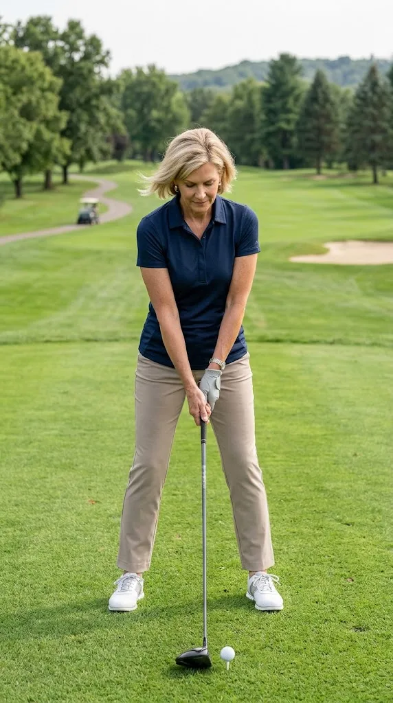 Woman over 50 wearing a golf polo and ankle trousers