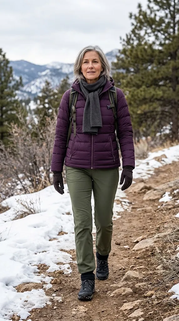 Purple puffer jacket with olive hiking pants for women over 50