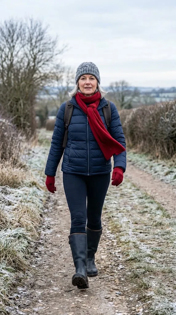 Navy quilted jacket with leggings and tall boots over 50