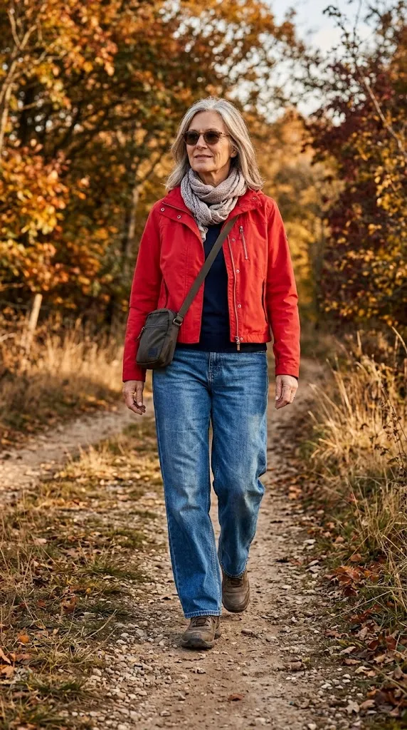 Red jacket and wide-leg jeans outfit for easy nature walks over 50