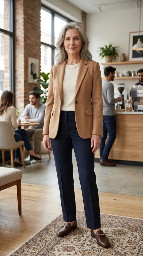 Simple outfit formula with trousers knit top blazer and loafers for women over 50