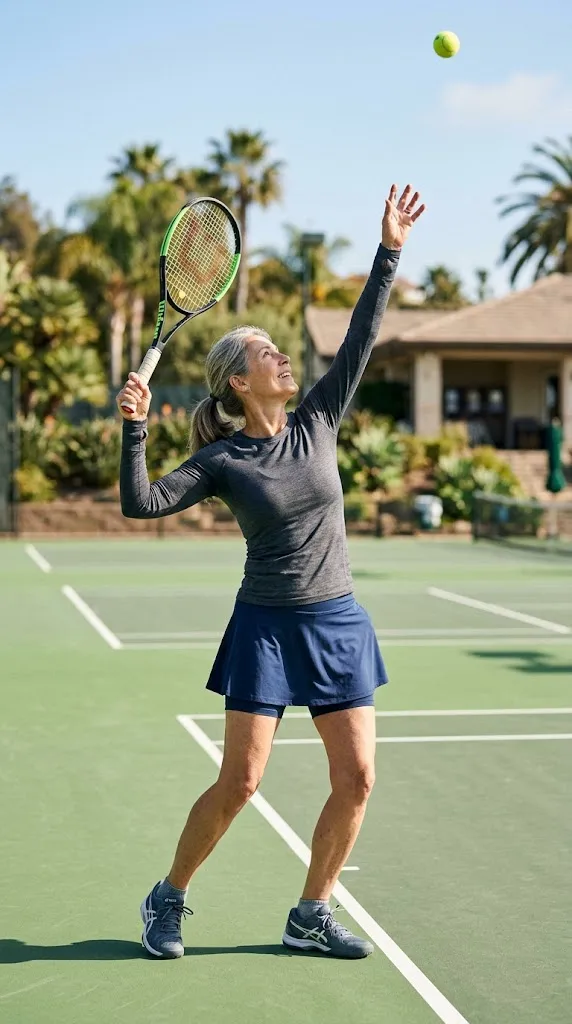 Woman over 50 wearing flexible tennis clothes while practicing a serve