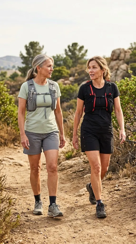 Lightweight hiking shorts and hydration vest outfits over 50