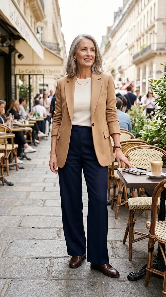 Easy outfit formula for women over 50 with trousers blazer and loafers