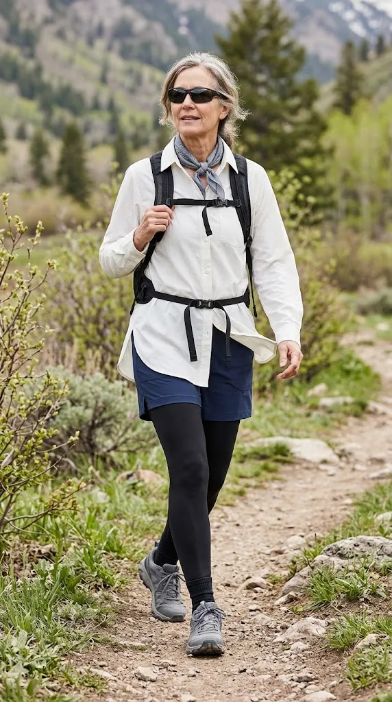 White hiking shirt with navy shorts and black leggings over 50