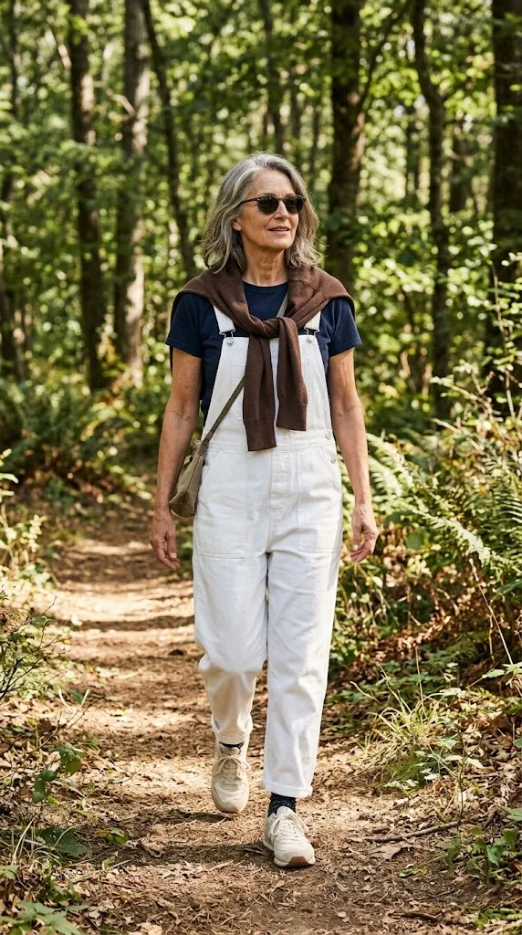 White overalls and navy T-shirt walking outfit for women over 50