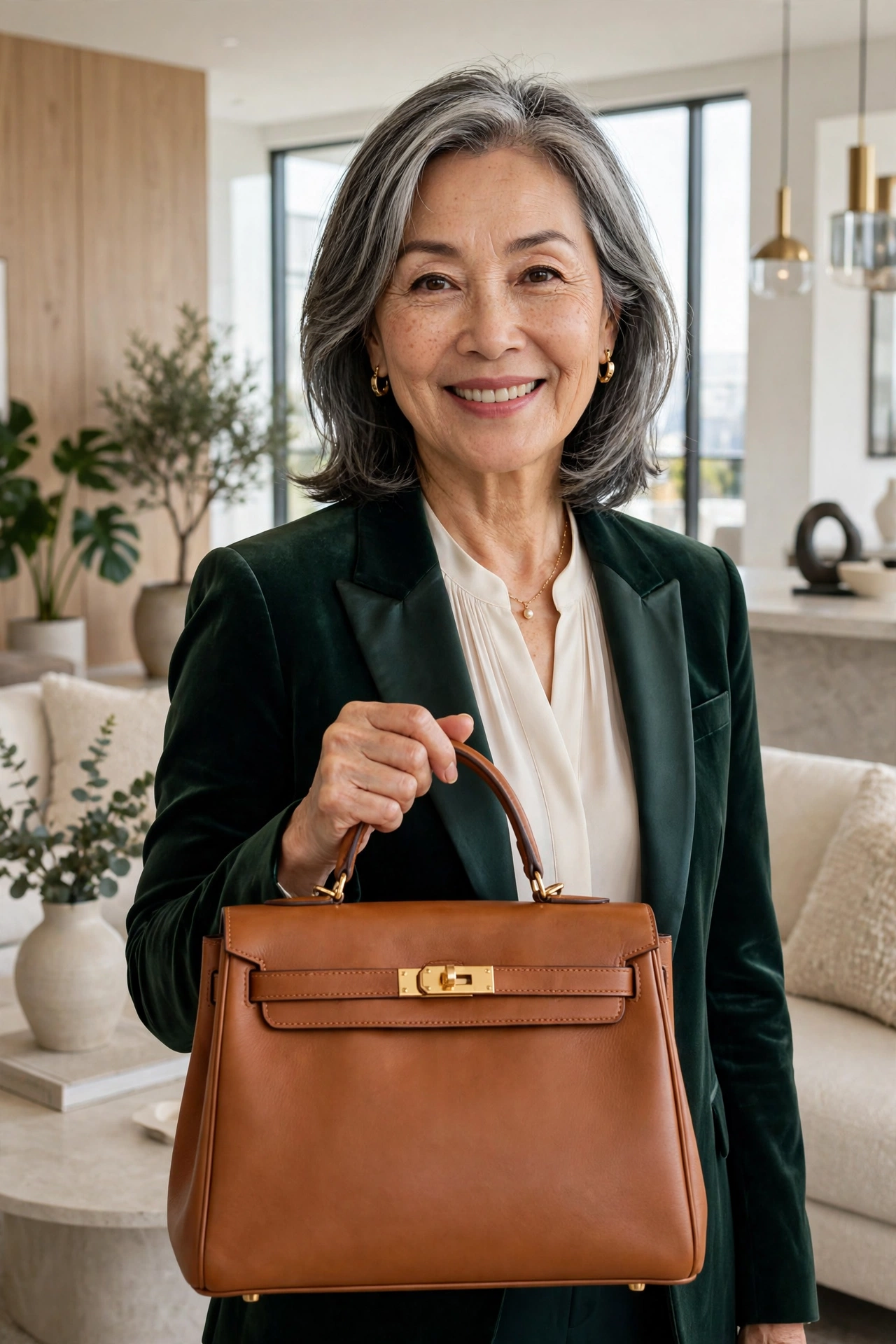 Stylish woman in her 60s holding an elegant structured leather handbag