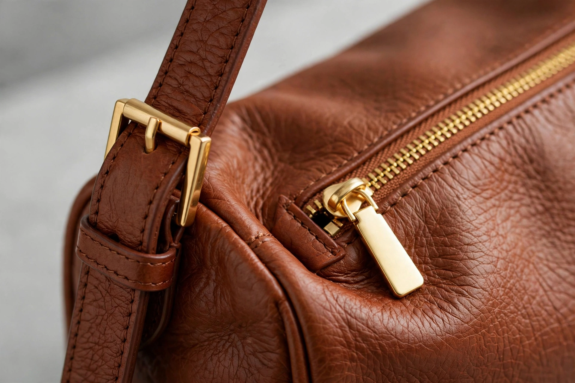 Close-up of handbag strap, zipper and gold hardware details