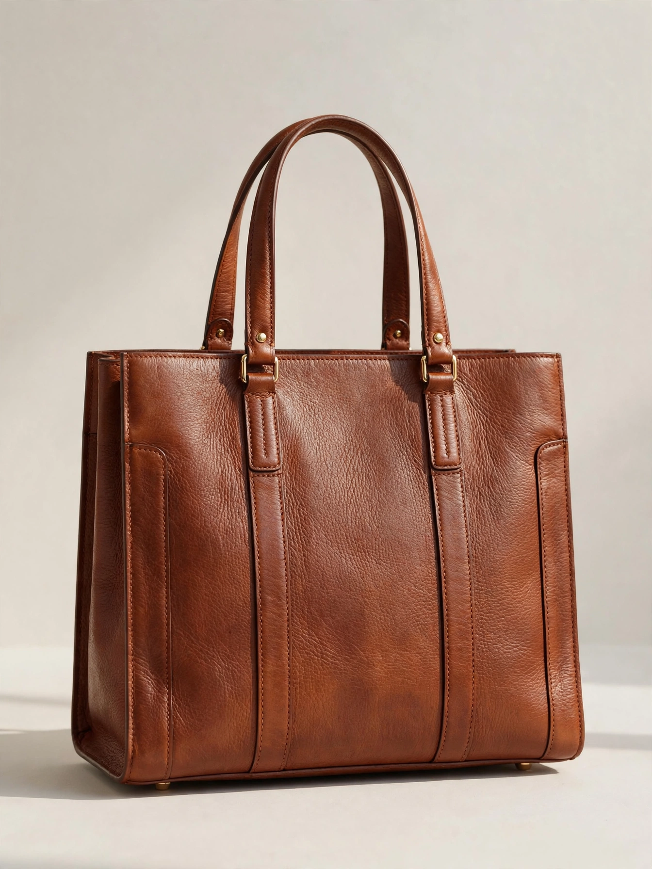Structured cognac leather tote bag on a neutral background
