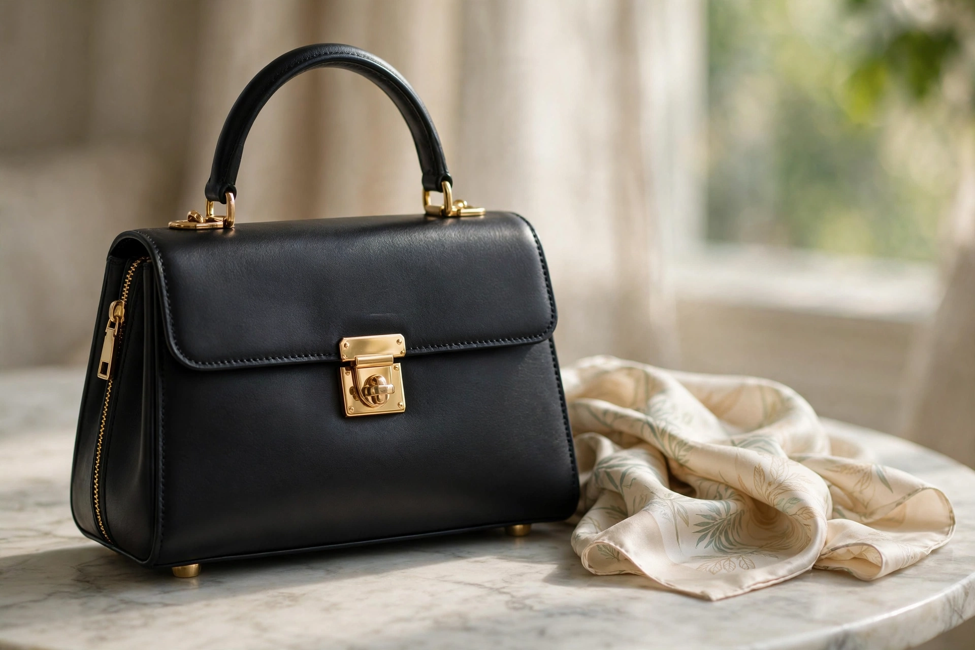 Elegant black leather top-handle handbag with gold hardware on marble