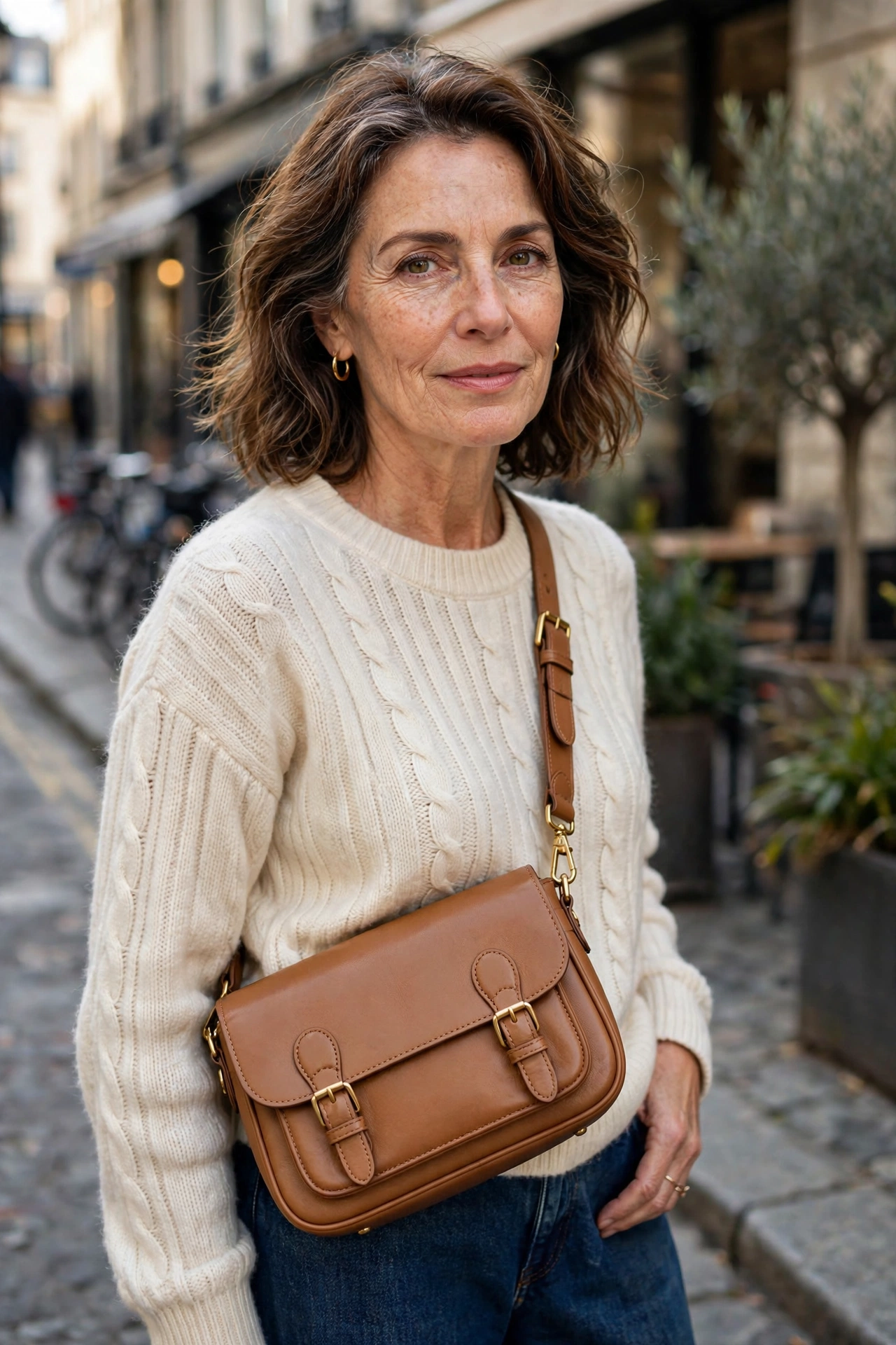 Woman in her 50s wearing a structured tan leather crossbody bag