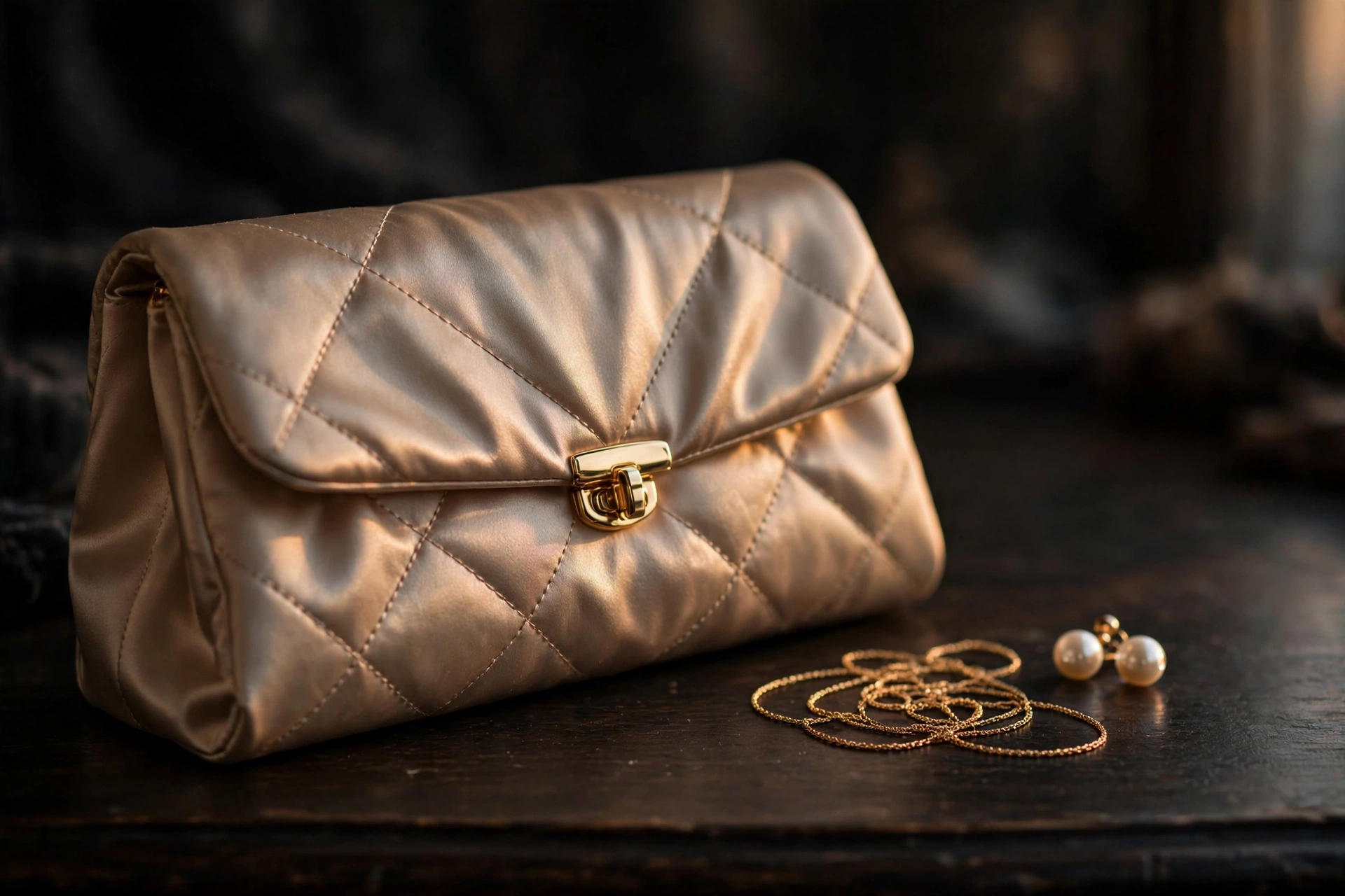 Champagne satin evening clutch with gold chain beside pearl earrings
