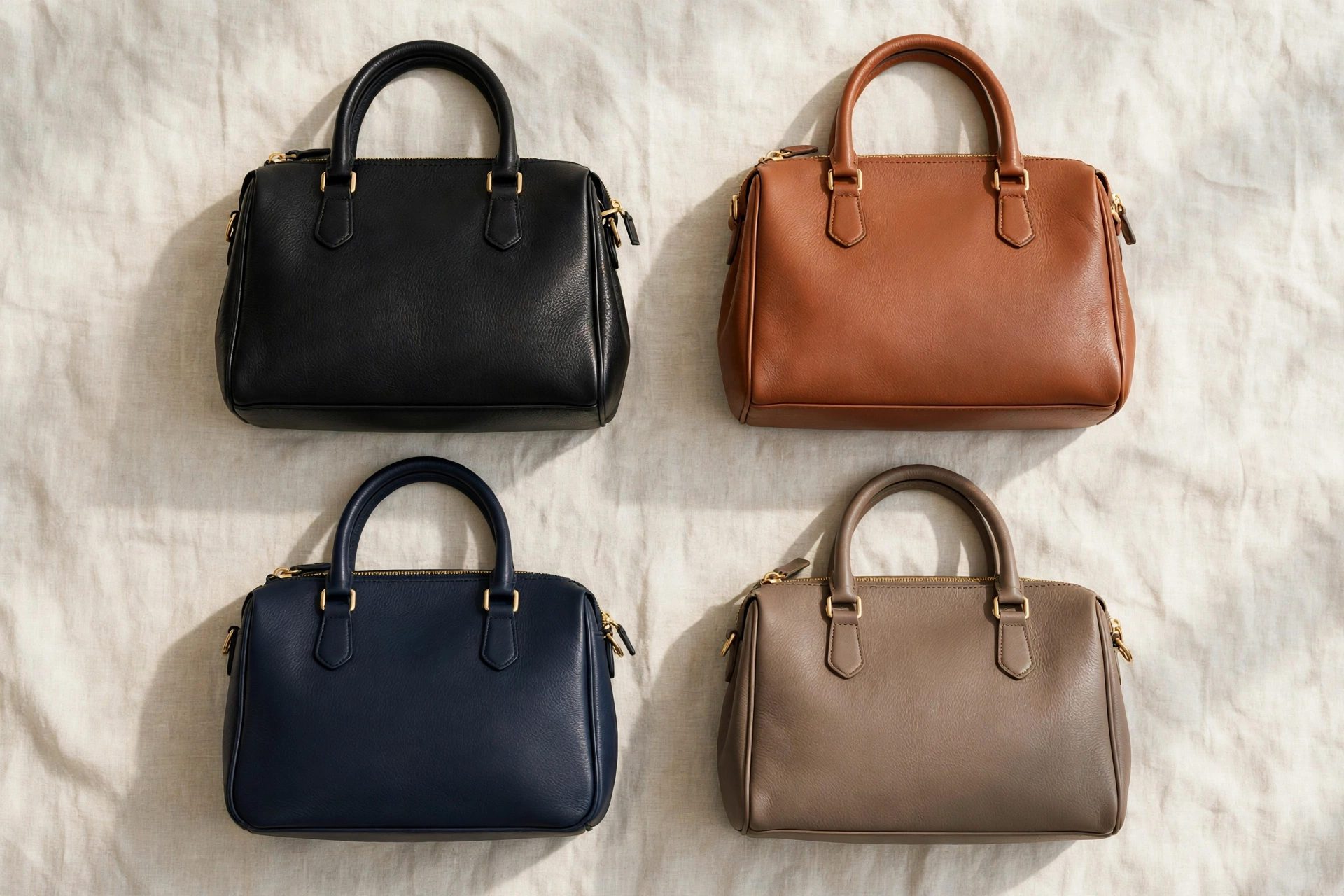 Leather handbags in versatile neutral colors: black, cognac, navy and taupe