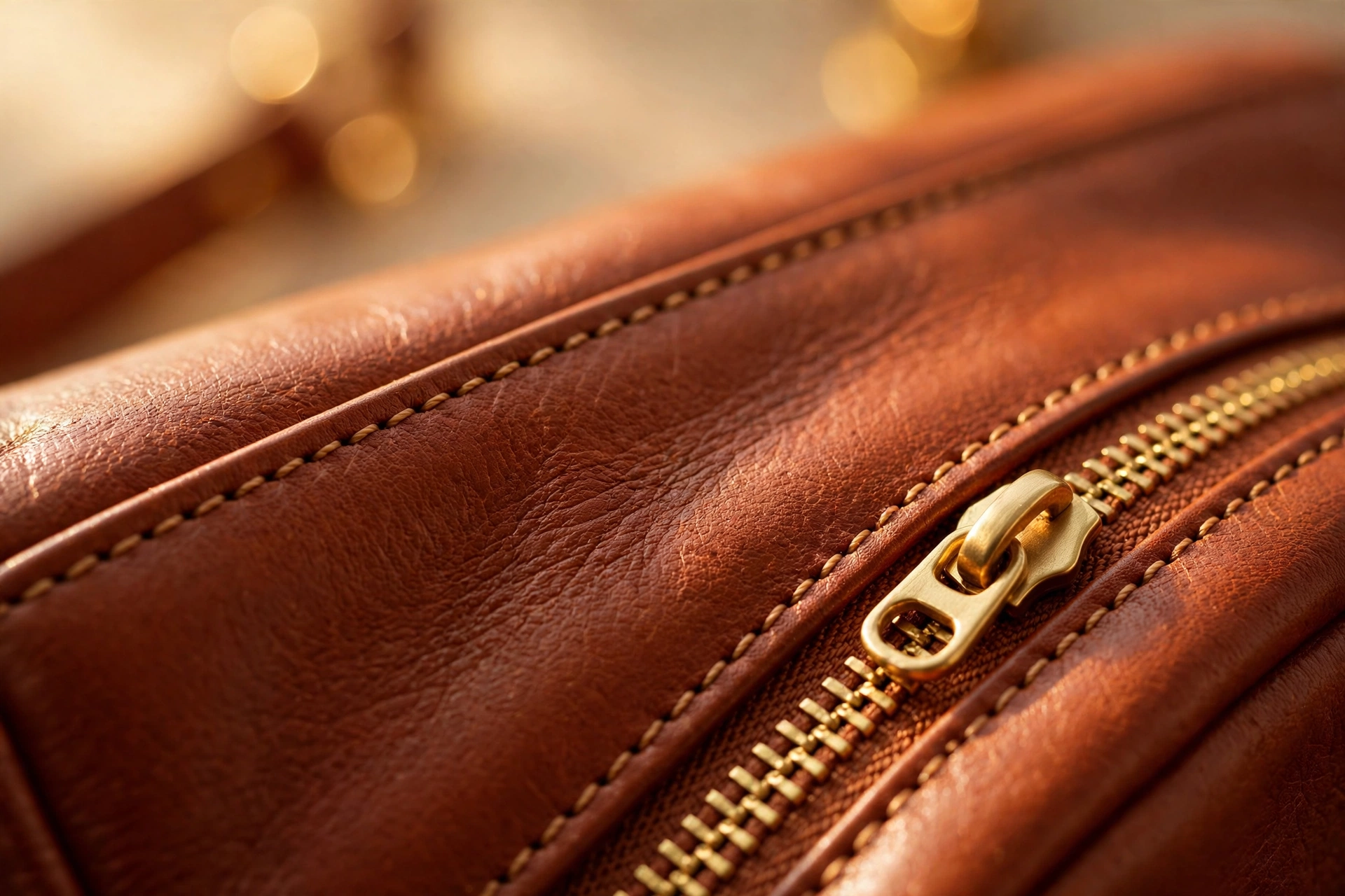Macro close-up of cognac leather texture with stitching and brass zipper