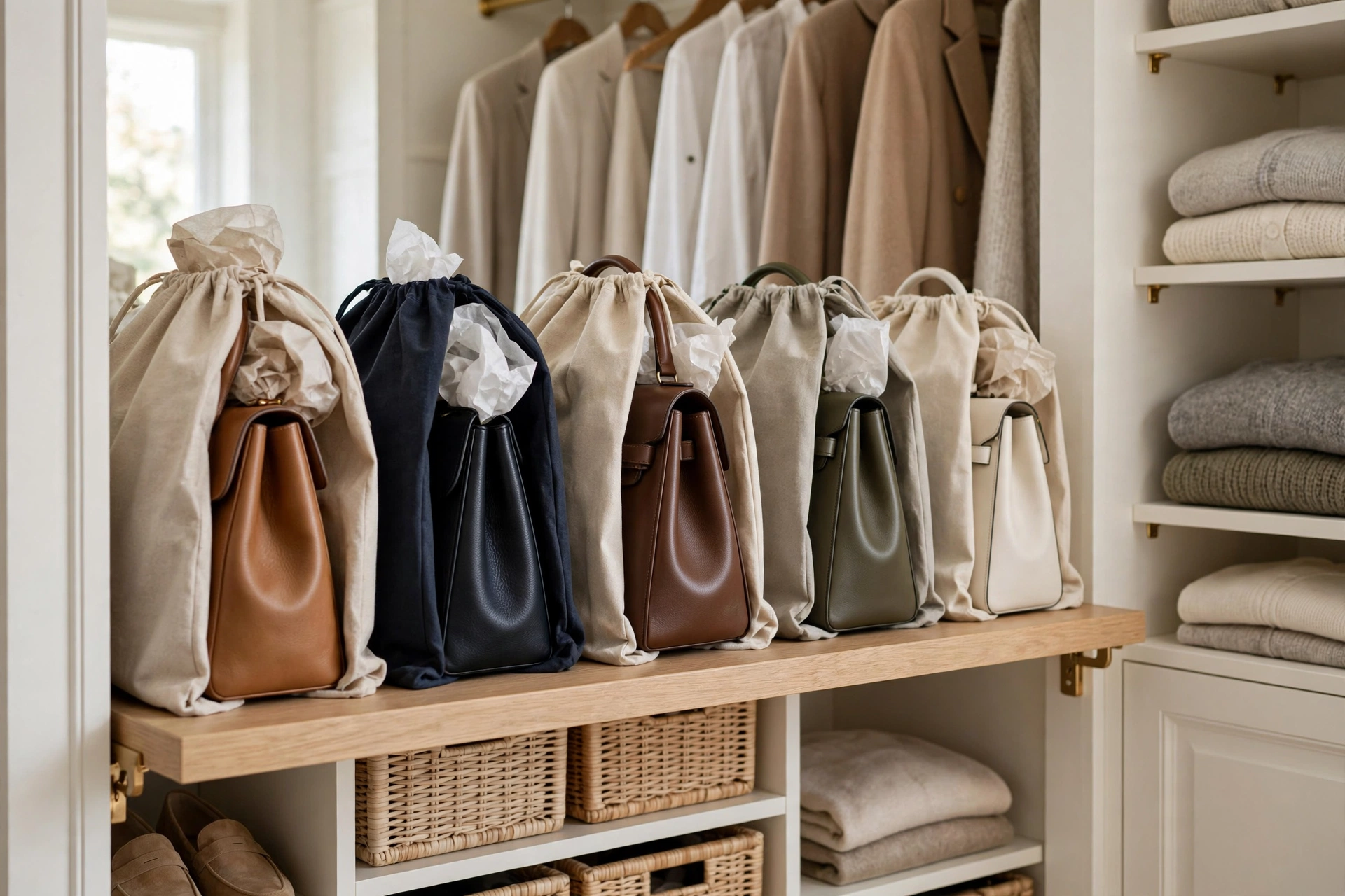 Tidy closet shelf with leather handbags stored upright in dust bags