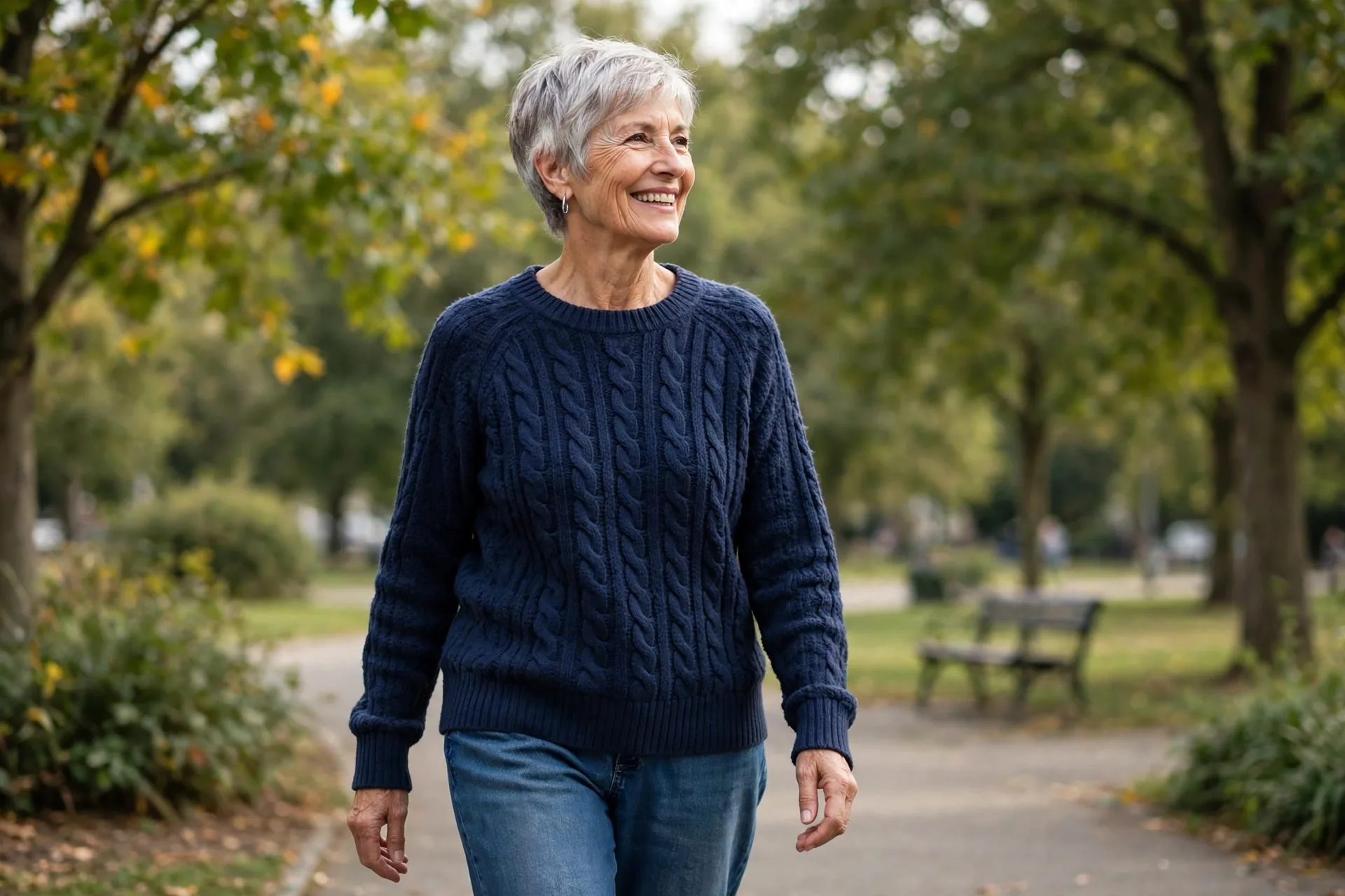 Smiling mature woman in jeans and casual top outdoors