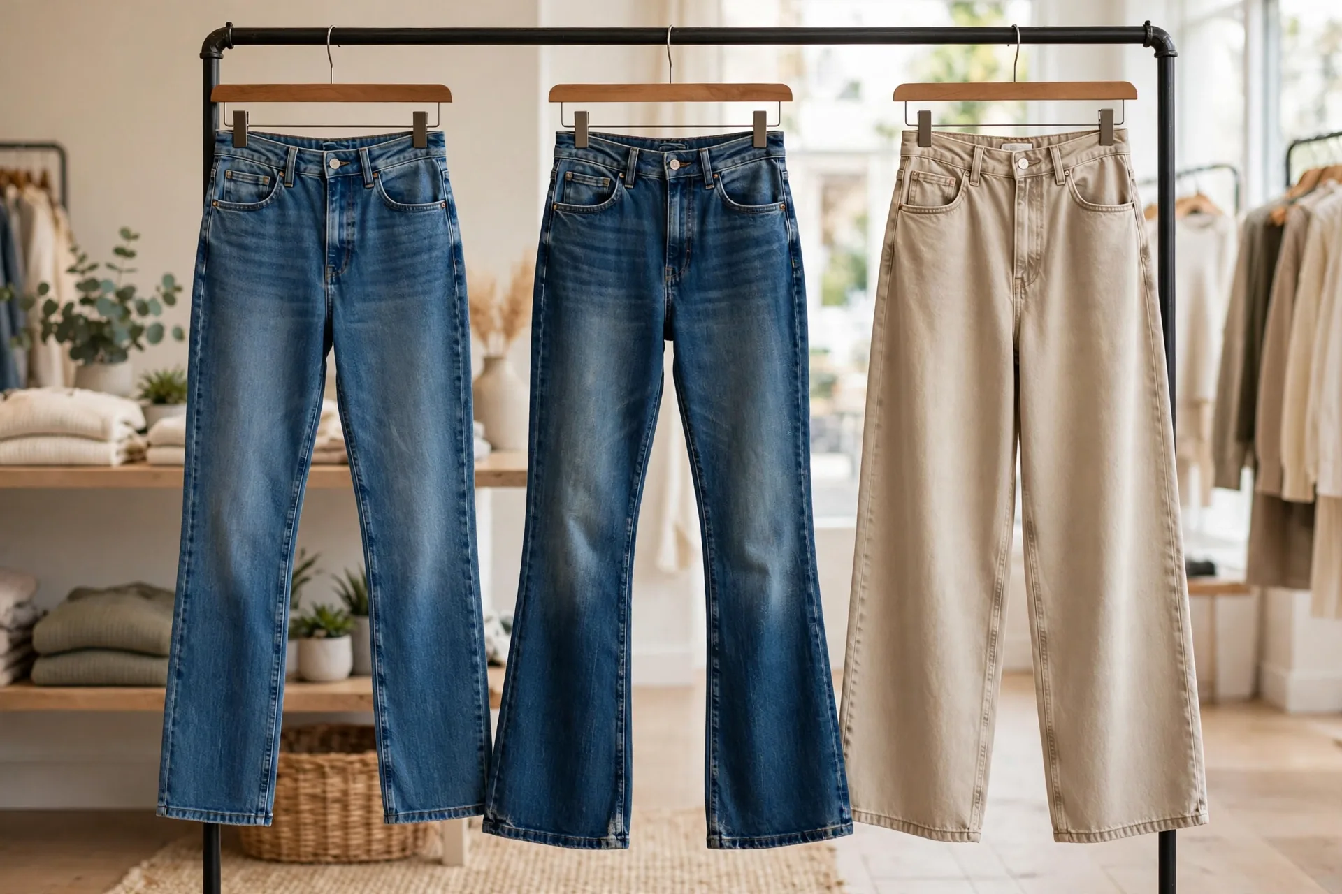 Different cuts of women's jeans displayed together