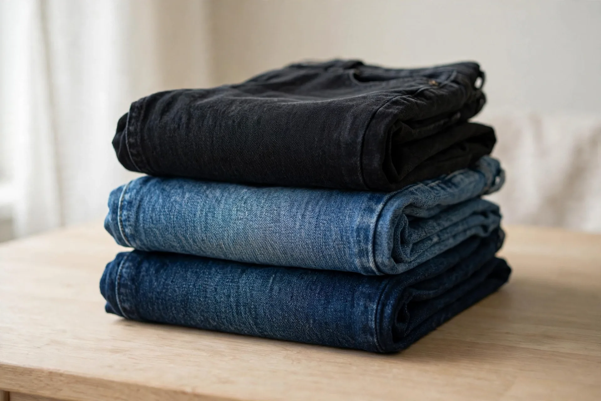 Folded jeans in different washes from dark indigo to light blue