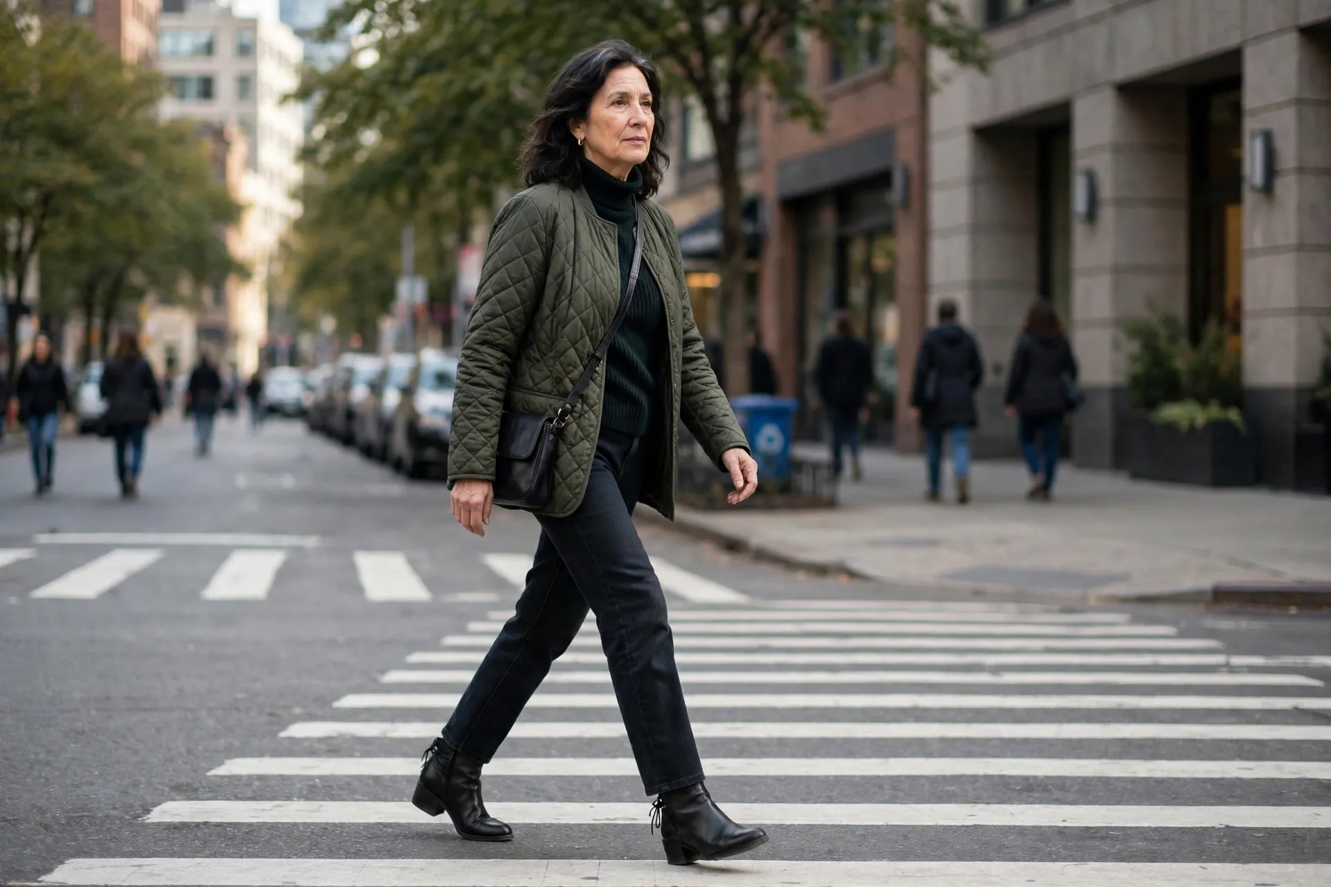 Woman in well-fitted jeans walking on a city street