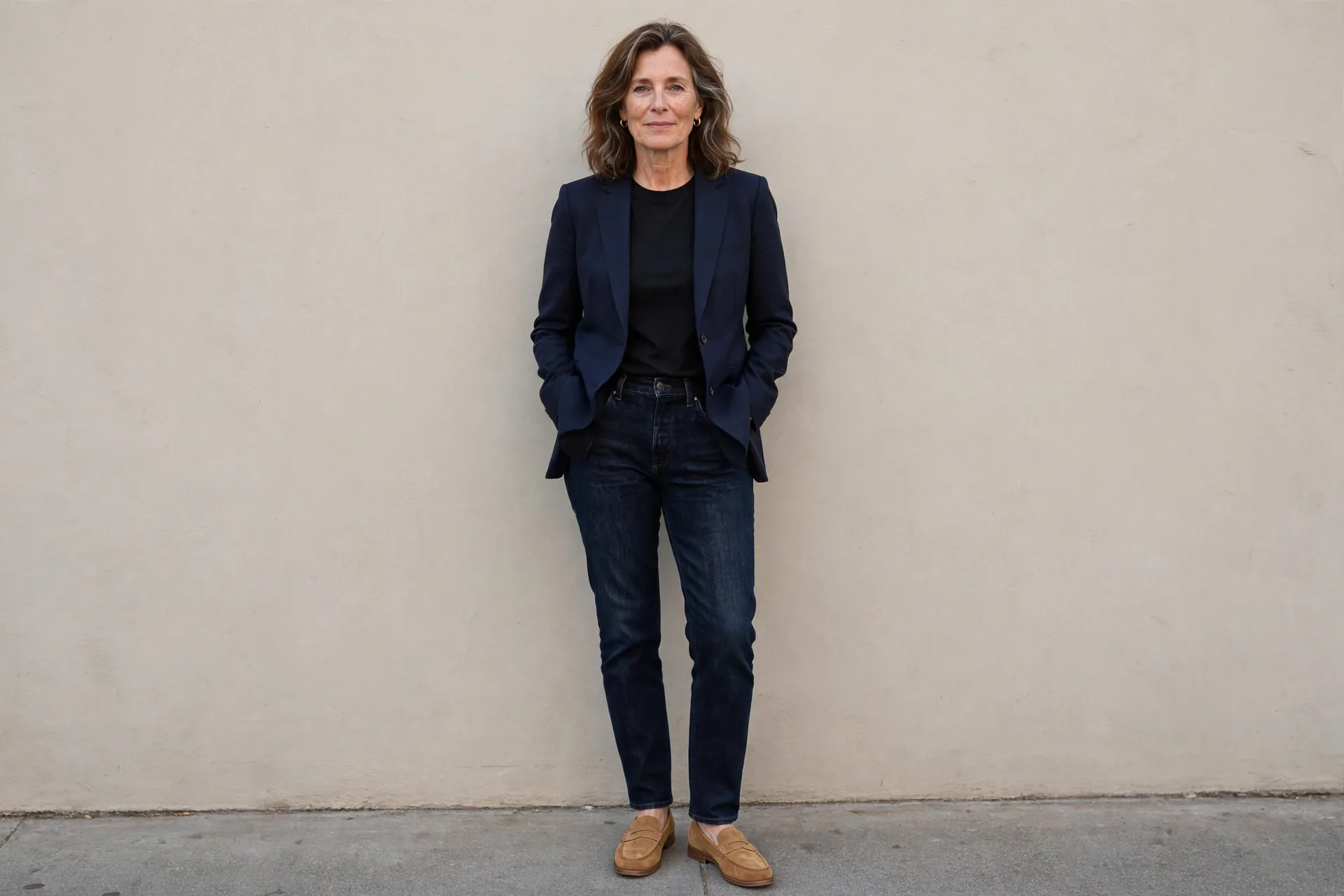 Woman styling dark jeans with a blazer and loafers