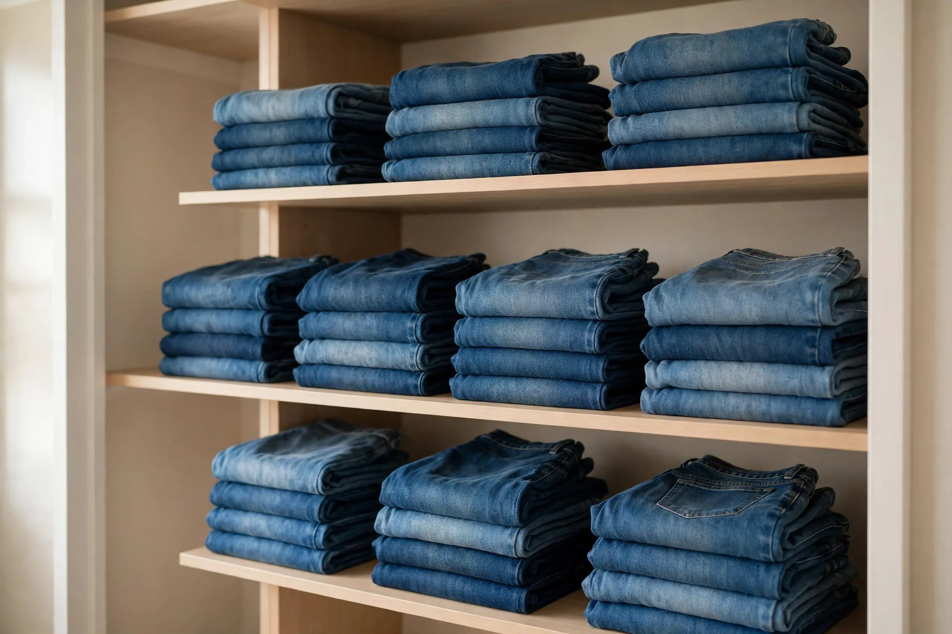 Neatly folded stack of jeans in a tidy closet