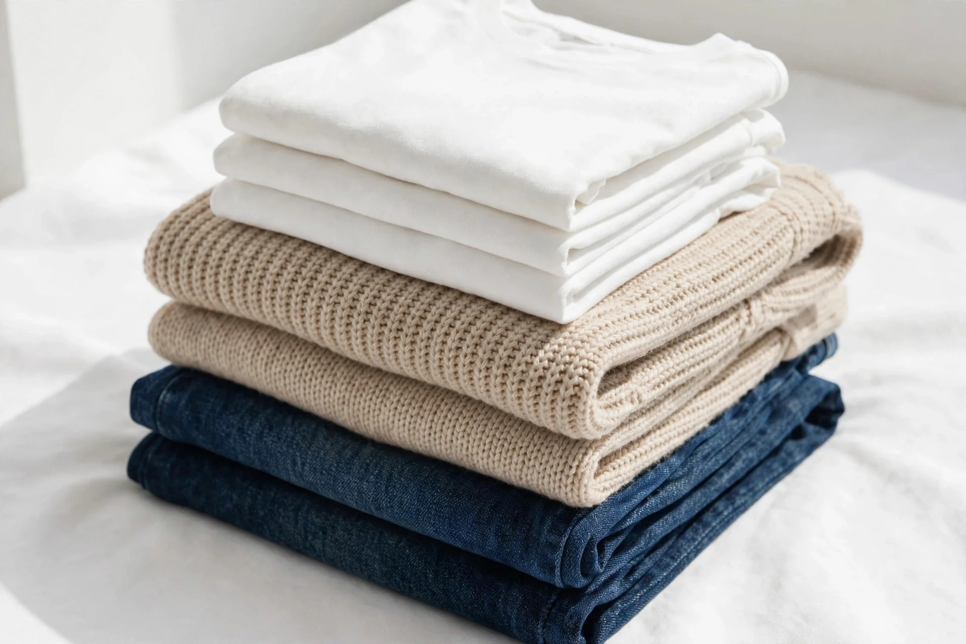 Folded neutral basics — white T-shirts, beige knits and dark jeans — for a minimalist capsule wardrobe
