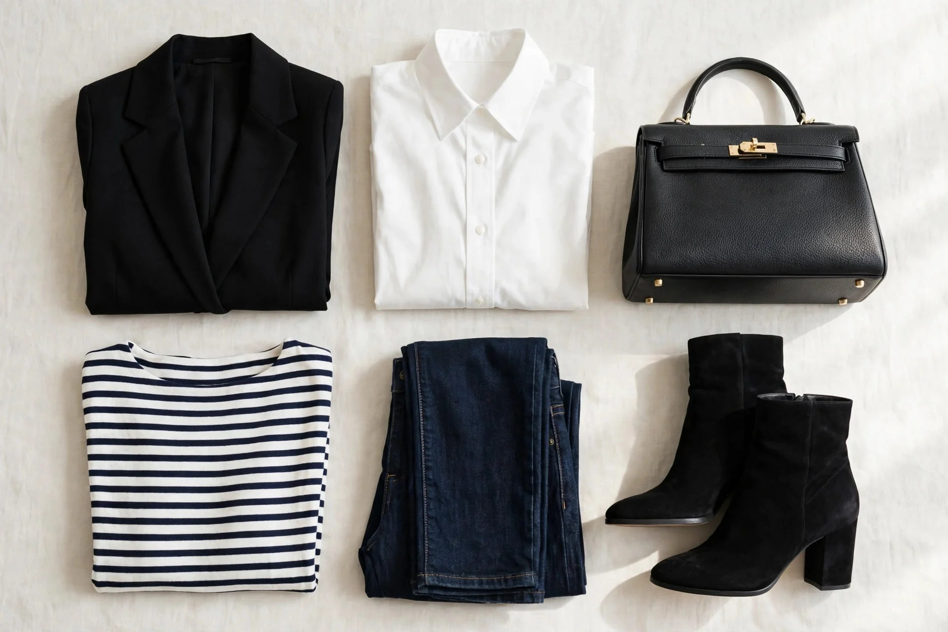 Flat lay of capsule wardrobe essentials arranged for mix-and-match outfit combinations