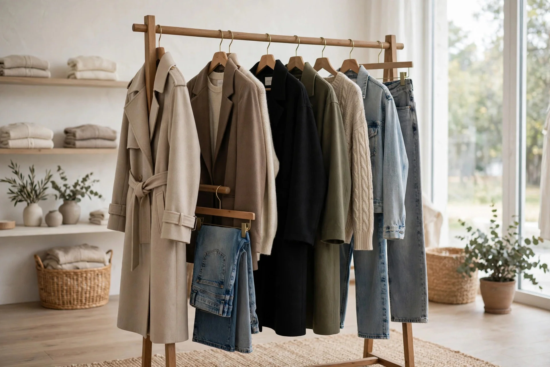 Styled mix-and-match outfits hanging on a rack in a bright boutique