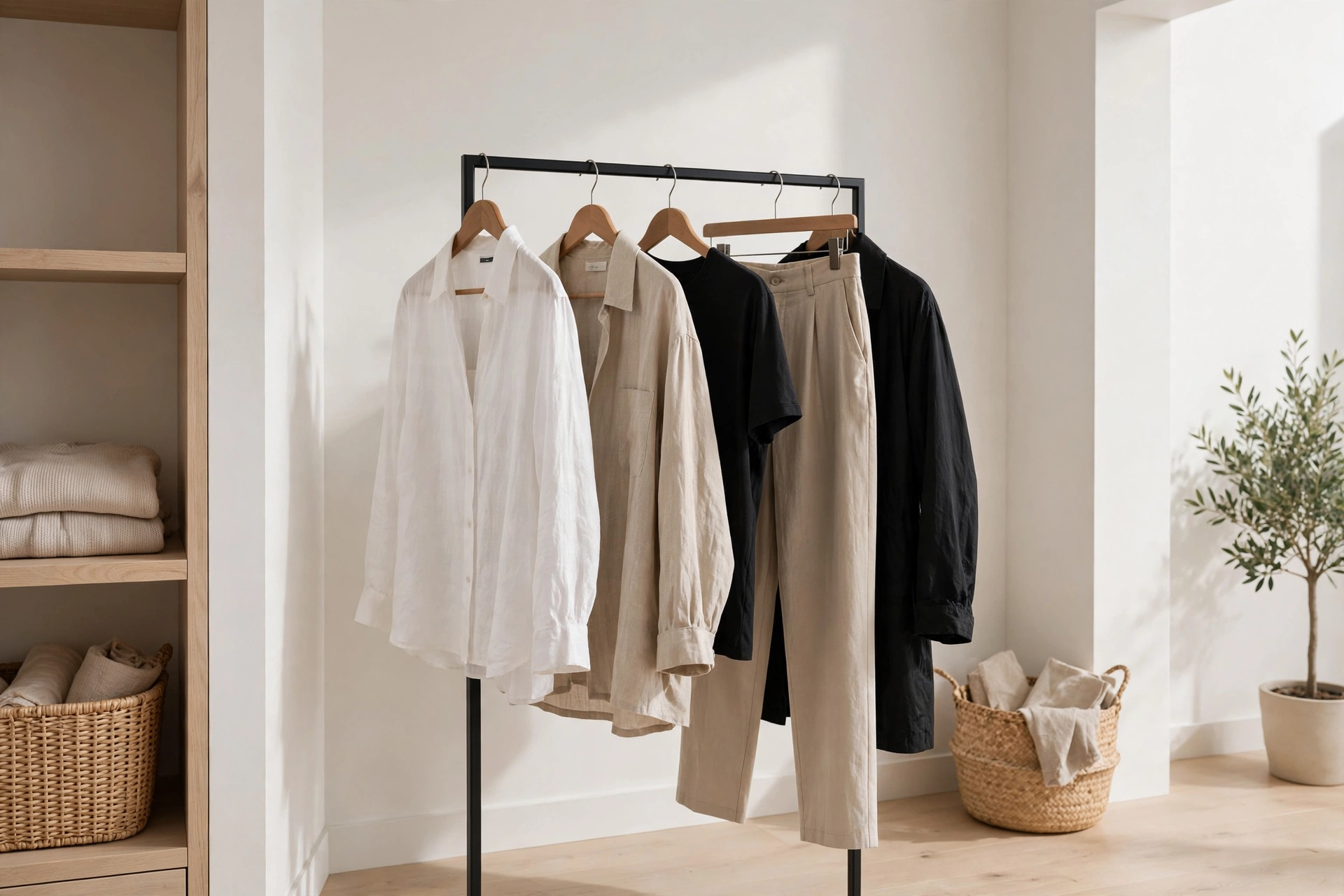 Minimalist closet with a small curated rack of neutral-toned clothes illustrating what a capsule wardrobe is