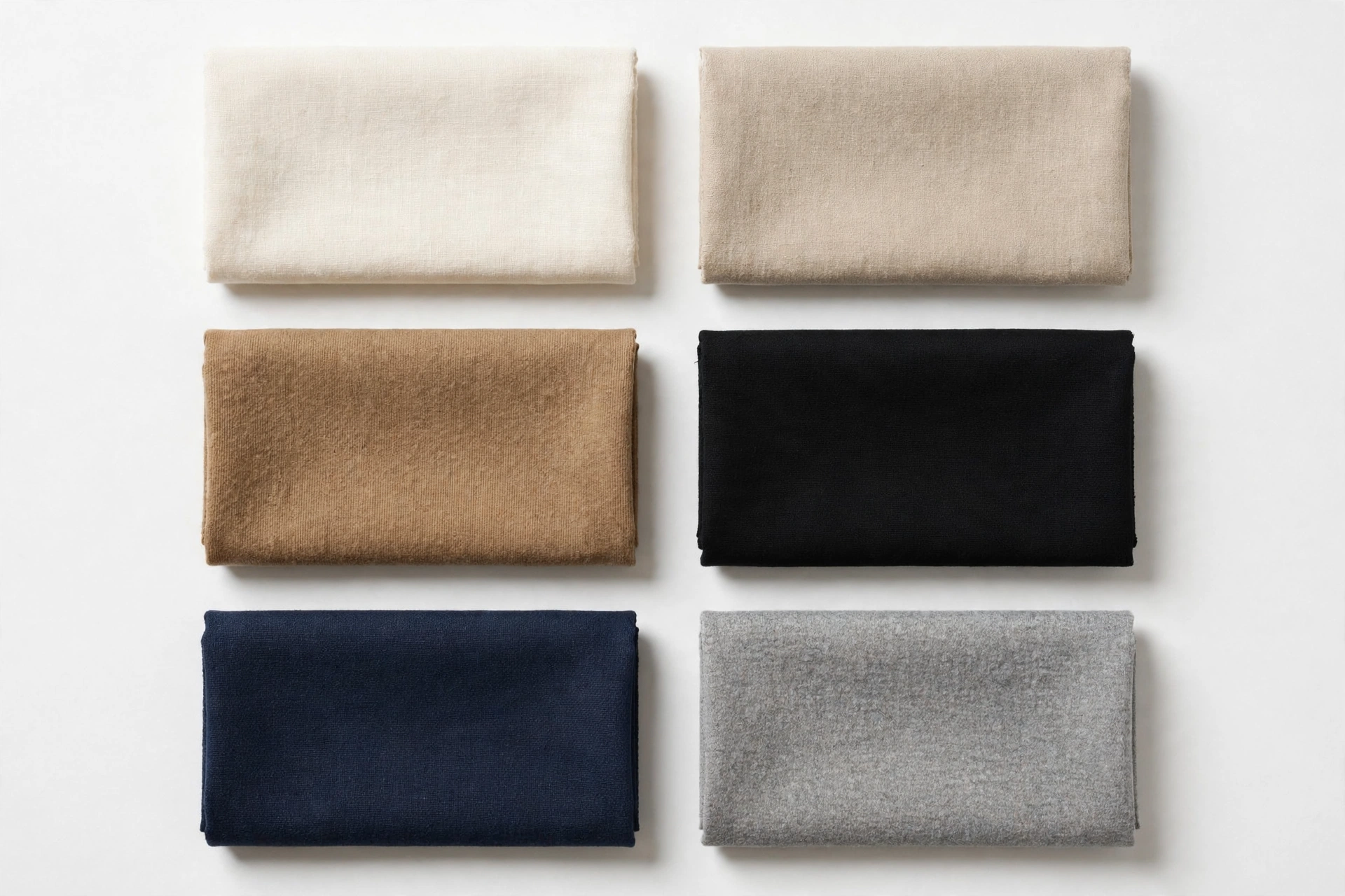 Fabric swatches in ivory, beige, camel, black and navy showing a cohesive capsule wardrobe color palette