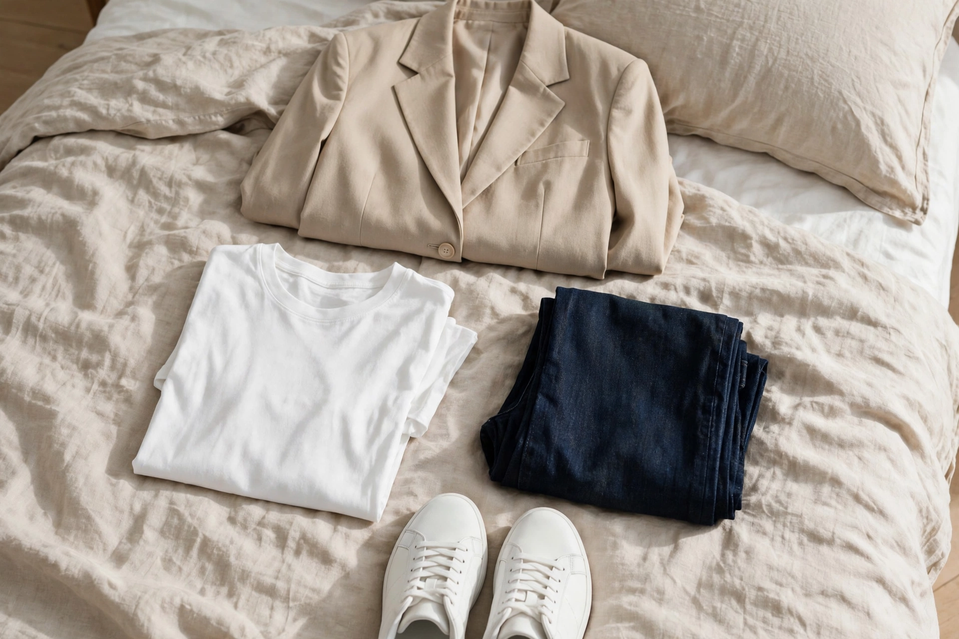 Starter capsule wardrobe essentials, white tee, dark jeans, beige blazer and white sneakers, laid out on a bed