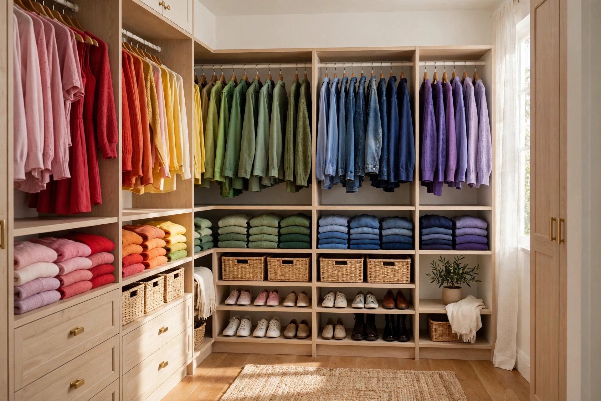 Perfectly organized wardrobe with clothes arranged by color showing a well-maintained capsule wardrobe