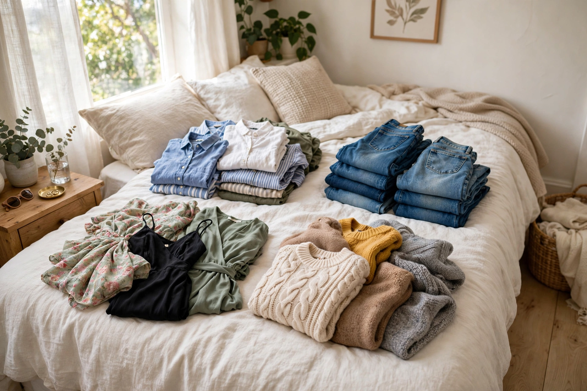 Clothes sorted into four piles on a bed during a weekend closet detox