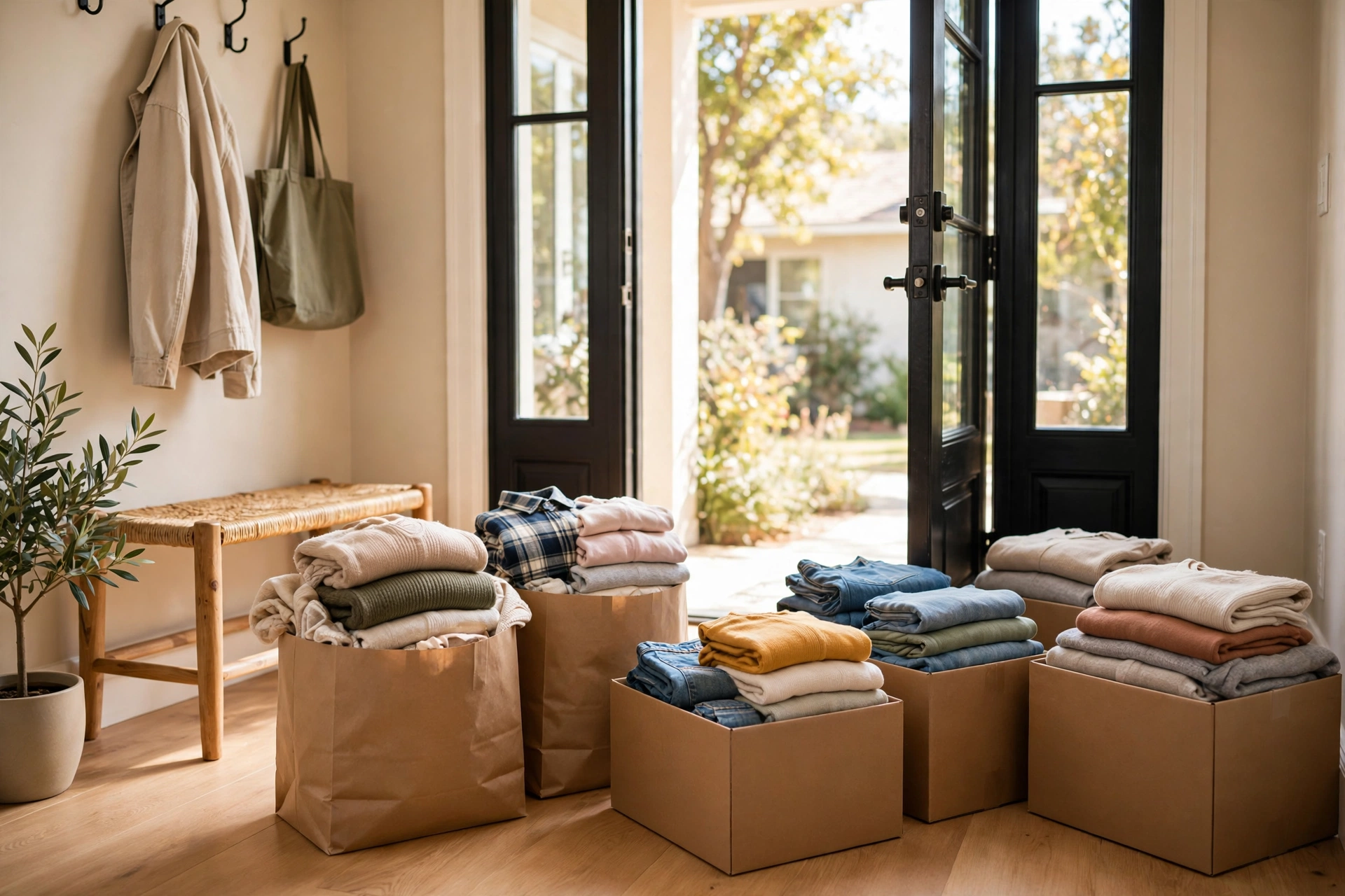 Bags and boxes of donated clothes ready by a front door for charity drop-off